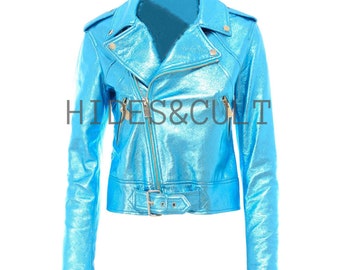 Women's Sky Blue Metallic Foil Biker Leather Jacket, Women's Blue Foil Leather Jacket, Women's Metallic Blue Leather Jacket - Elite Edition