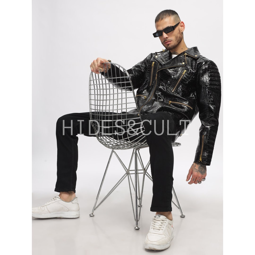 Men's Black Patent Croc Embossed Vinyl Effect Slim Fit Motorcycle Biker
