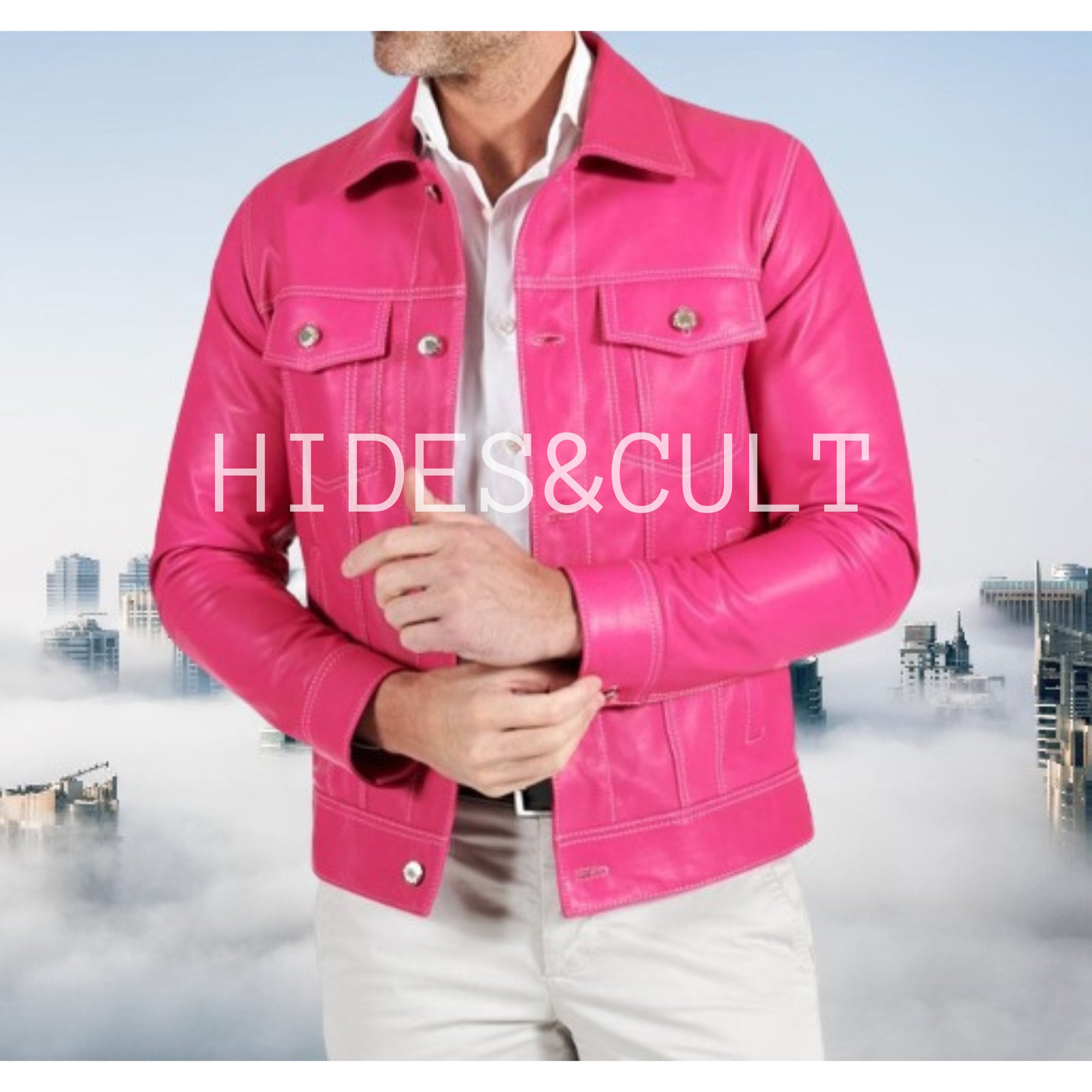 Men Pink Leather Jacket