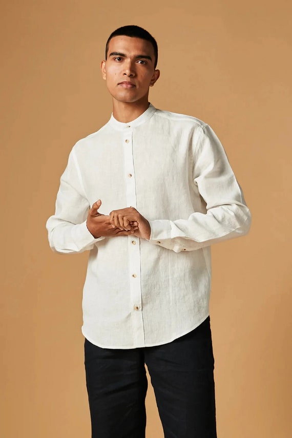 Men's Linen Band Collar Shirts Linen Shirt Long Sleeve - Etsy