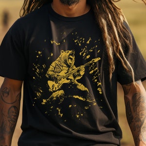 Grizzly Rock Bear playing electric guitar, shirt mens,  animal guitarist tshirt ,  mens graphic t shirts, heavy metal, music tee