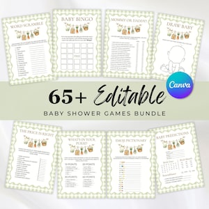 May include: A bundle of 65+ editable baby shower game cards featuring a light green gingham border and a hanging vegetable illustration. The set includes Word Scramble, Baby Bingo, Mommy or Daddy, Draw Baby, The Price is Right, What's in Your Purse, Emoji Pictionary, and Baby Predictions with text.