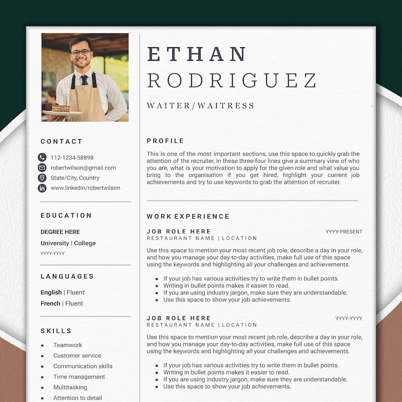 Resume Template Restaurant Etsy