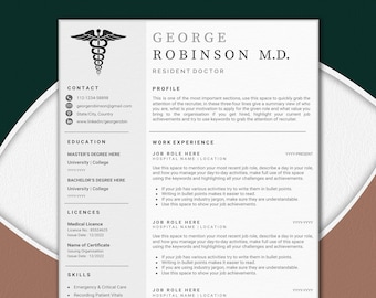 Plantilla de currículum médico Word & Google Docs / Plantilla de currículum médico para médicos, doctores, enfermeras / Plantilla de CV para médicos / currículum de enfermeras