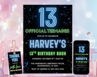 13th Birthday Invitation, Neon Blue Editable Canva Template, customizable age invitation for Boys | 4091