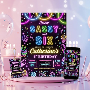 Neon Sassy Six Birthday Invitation Template, Glow in the dark party invitation, neon birthday invitation for girls, glow party invite | 4073