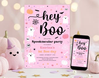 May include: A pink Halloween party invitation with the text "hey Boo" and "Spooktacular party". The invitation includes illustrations of ghosts, pumpkins, and bats. A smartphone displays the same design. Decorative pumpkins and stars are in the foreground.