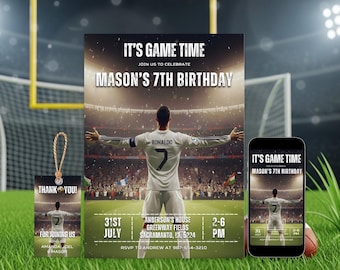 Ronaldo voetbaluitnodiging, It's Game Time voetbalfeestuitnodiging, leeftijd 7 voetbalverjaardagsuitnodiging, bewerkbare canvassjabloon | 4130