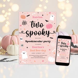 Two Spooky Halloween Ghost 2nd Birthday Party Invitation, 2nd Birthday Spooktacular Halloween birthday Party Template | 4049