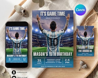 Invitación de fútbol de Messi, invitación de cumpleaños para la Copa Mundial de Argentina, invitación editable en Canva, descarga instantánea imprimible / 4139