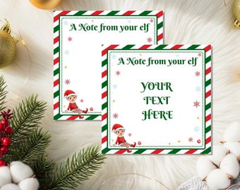 Op de afbeelding: Twee vierkante kerstkaarten met de tekst "A Note from your elf" en "Your Text Here". De kaarten hebben een rood, wit en groen gestreepte rand, sneeuwvlokken en een elf-illustratie. Feestelijke vakantie briefpapier.