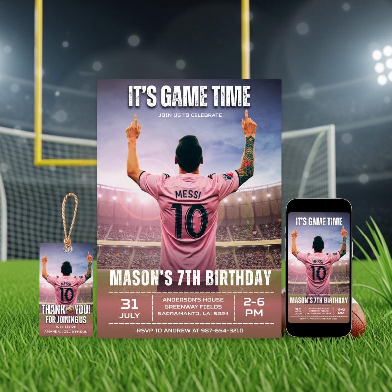 Messi birthday invitation editable template featuring Messi in his iconic pose, ideal for soccer-themed FIFA birthday parties. Printable instant download, easily customized in Canva for boys or girls. The modern invitation design fits any age and is perfect for football fans and party planners seeking a personalized touch.
