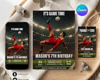 Invitación de fútbol de Ronaldo, Fiesta de fútbol "Es hora del partido", Invitación de cumpleaños de fútbol para cualquier edad, plantilla editable de Canva / 4117