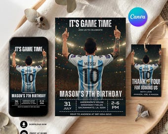 Messi Birthday Invitation, Soccer Party Invite, Editable Template, Football Canva Invitation, Printable Instant Download | 4140