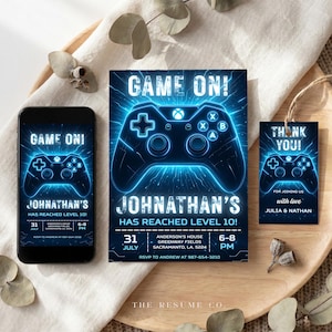Neon Video Game Birthday Invitation, Gamer Party Invite, Neon Mobile Invite | 4099