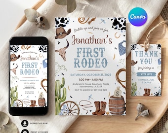 Plantilla de invitación para el primer rodeo, invitación de cumpleaños de vaquero, fiesta del salvaje oeste para niño, mi primer rodeo (descarga digital) 4124