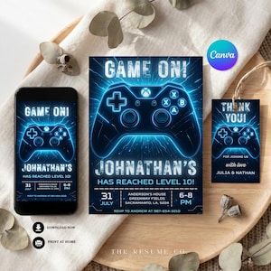 May include: A gaming-themed invitation suite with a neon blue Xbox controller design. The invitation, phone screen, and tag read "Game On!" and announce a level 10 celebration. Includes date, time, and RSVP details.