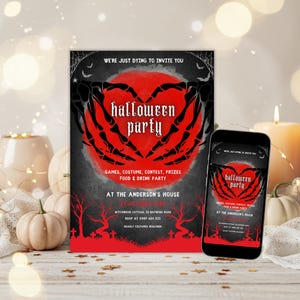Editable Spooky Costume Party Template, Skeleton Hands Heart Invite, Dark Horror halloween template, Gothic Halloween Party | 5017