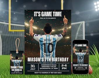 Invitación de cumpleaños de Messi, invitación para fiesta de fútbol, plantilla editable, invitación de fútbol de Canva, descarga instantánea imprimible / 4140