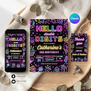 Utskrivbar inbjudan till 10-årsdag, Hej med dubbla siffror, neonljusfestinbjudan, redigerbar Canvas-mall, direktnedladdning, pojke och flicka 4074