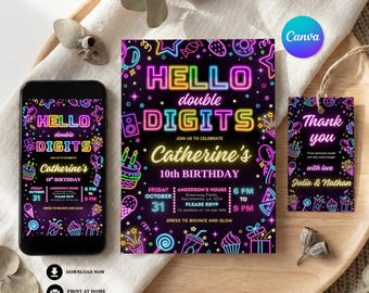 Invitación imprimible para el décimo cumpleaños, ¡Hola, dos dígitos!, Invitación para fiesta con efecto neón, Plantilla editable de Canva, Descarga instantánea, Niño/Niña 4074