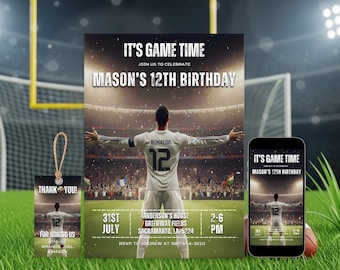 Ronaldo voetbaluitnodiging, uitnodiging voetbalfeest, voetbalverjaardagsuitnodiging, 12e verjaardagsuitnodiging, canvas bewerkbare sjabloon | 4134