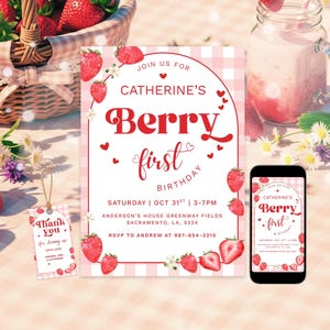 Berry First Birthday Invitation, Watercolor Strawberry Party Invitation, Editable Canva Template | 4107