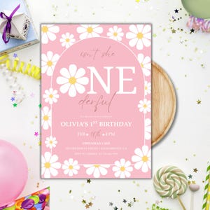 Convite de aniversário com margaridas rosa | Modelo floral editável do Canva | Convite para festa no jardim estilo Boho | Cartão de aniversário infantil para imprimir | 4024