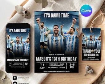 Invitación de cumpleaños de Messi, Argentina, fútbol, plantilla de Canva (descarga digital) / 4137