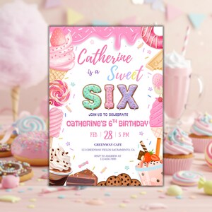 Sweet Sassy and Six Birthday Invitation, 6th Birthday Invite, Sweets Party Template, Donut Candy Theme Printable Birthday Card Canva | 4037