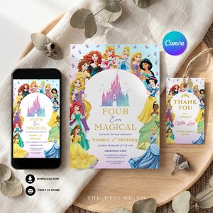 May include: A princess-themed birthday invitation set. The set includes a smartphone displaying the invitation, a printed invitation, and a thank you tag. The design features a castle, princesses, and the text "Four Ever Magical".