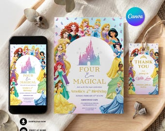 Princess 4th Birthday Invitation, Editable Pink Princess Invite, Royal Party Printable canva template | 4042