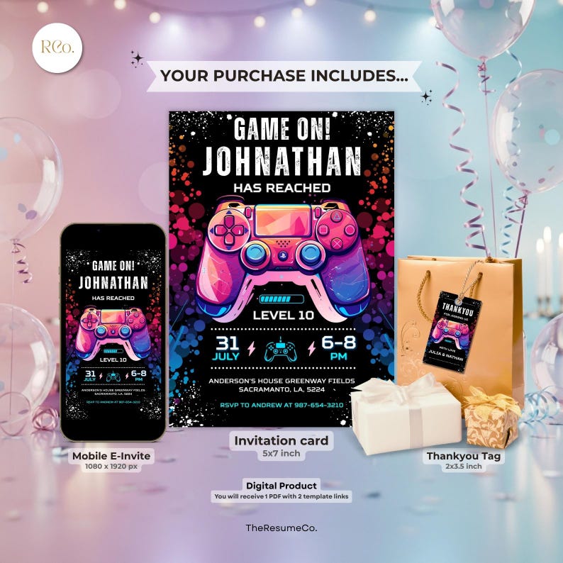 Editable Video Game Birthday Invitation, Neon Game on Level up Gaming ...
