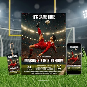May include: Soccer-themed birthday party invitation and thank you tag. The invitation features a player kicking a soccer ball with the text "IT'S GAME TIME" and "MASON'S 7TH BIRTHDAY". The thank you tag says "THANK YOU!"
