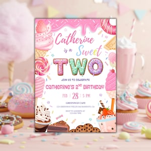 Two Sweet Birthday Invitation, Two Sweet Invitation, 2nd Birthday Invitation, Two Year Dessert Invite Candy Sweets Donut Invite | 4033