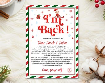 May include: A festive Christmas letter with a red and green border, featuring the text "I'm Back!" in red. The letter is addressed to Jacob & Julia and includes a message from an elf, with snowflakes and a gift box illustration.