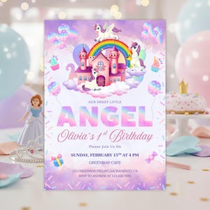 Angel Birthday Invitation, Editable Purple Canva Template, Heavenly Party Invite for Girls, Digital Birthday Invitation Card, 4011