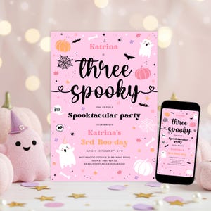 Three Spooky Halloween 3rd Birthday Invitation Editable Pink Ghost Spooktacular Party Template for Toddler Girl | 4062