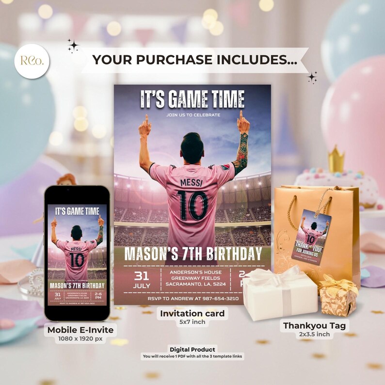 Puede incluir: Conjunto de invitaciones digitales para fiesta de cumplea&ntilde;os con un jugador de f&uacute;tbol con camiseta rosa n&uacute;mero 10. Incluye una invitaci&oacute;n m&oacute;vil, tarjeta de invitaci&oacute;n (12,7x17,8 cm) y etiqueta de agradecimiento (5,1x8,9 cm). El tema es "It's Game Time."