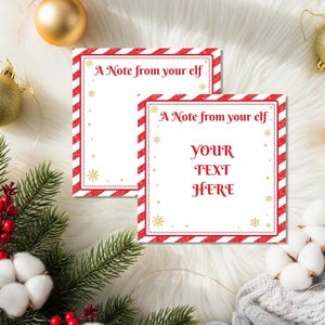 May include: Two white cards with red and white striped borders and the text "A Note from your elf." One card has the text "YOUR TEXT HERE" in red. Gold snowflakes and dots decorate the cards.