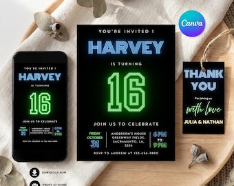 Invitación de cumpleaños número 16 para chicos, invitación de decimosexto cumpleaños, azul, verde neón, plantilla editable de Canva / 4094