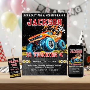 Monster Truck Birthday Invitation, Smash & Crash Party, Monster jam birthday party Template | 4114