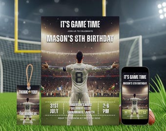 Ronaldo voetbaluitnodiging, voetbaluitnodiging voetbalfeest, 8e verjaardag voetbaluitnodiging, bewerkbare canvassjabloon | 4131