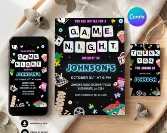Game Night Birthday Invitation Printable, Editable Canva Template, Instant Download | 4103