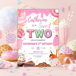Two Sweet Birthday Invitation, Two Sweet Invitation, 2nd Birthday Invitation, Two Year Dessert Invite Candy Sweets Donut Invite | 4033