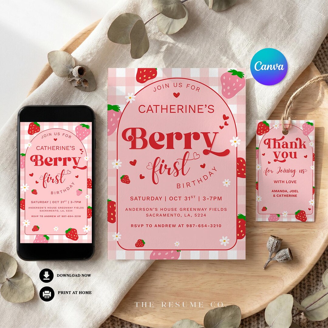 Strawberry 1st Birthday Invitation Editable Canva Template, Berry First ...