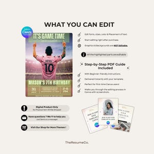Puede incluir: Plantilla digital de Canva para una invitaci&oacute;n de cumplea&ntilde;os. El dise&ntilde;o presenta a un jugador de f&uacute;tbol con una camiseta rosa con el n&uacute;mero 10. El texto dice "IT'S GAME TIME" y "MASON'S 7TH BIRTHDAY". Incluye una gu&iacute;a PDF paso a paso.