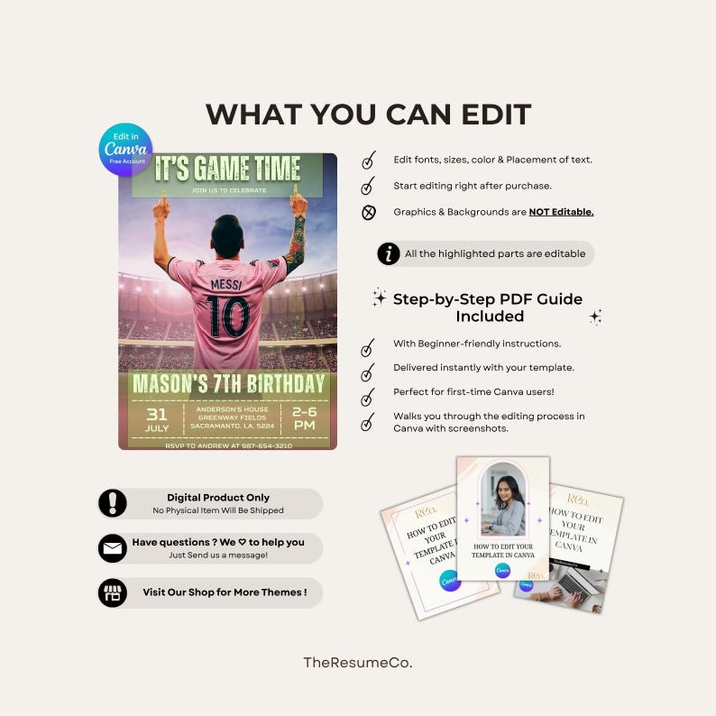 Puede incluir: Plantilla digital de Canva para una invitaci&oacute;n de cumplea&ntilde;os. El dise&ntilde;o presenta a un jugador de f&uacute;tbol con una camiseta rosa con el n&uacute;mero 10. El texto dice "IT'S GAME TIME" y "MASON'S 7TH BIRTHDAY". Incluye una gu&iacute;a PDF paso a paso.