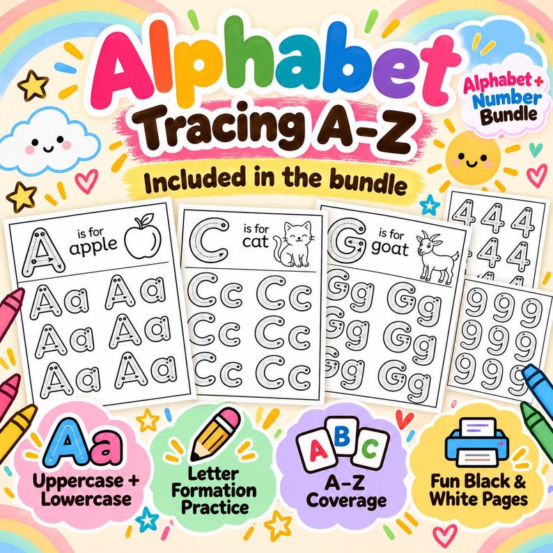 Number Letter Racing Alphabet & Number Tracing Bundle, A-Z Letters, 0-9 Numbers (PDF ...