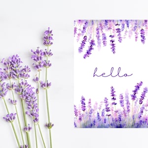 May include: A greeting card featuring a watercolour design of lavender flowers and the word "hello". Fresh lavender sprigs are arranged on a white surface beside the card. The flowers are purple and green.